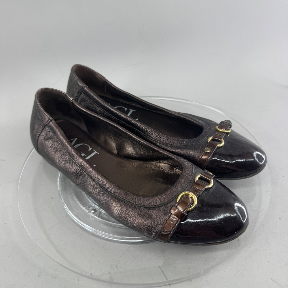 AGL Womens Metallic Bronze Leather Patent Cap Toe Buckle Ballet Flats Italy 41